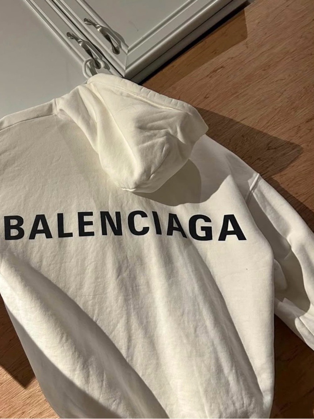 Balenciaga Men’s Cream Zip-Up Hoodie with Black Logo
